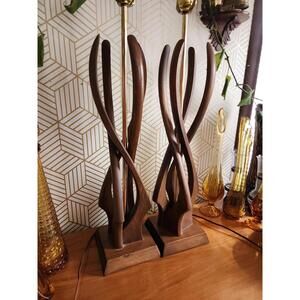 Vintage Mid-Century Modern Sculptural Table Lamps, Wood w/ Brass, Pair, 1960s